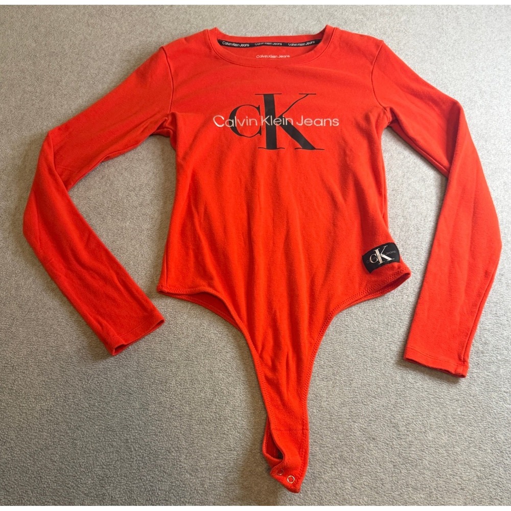 Calvin Klein Jeans Red Orange Long Sleeve Logo Bodysuit Small S